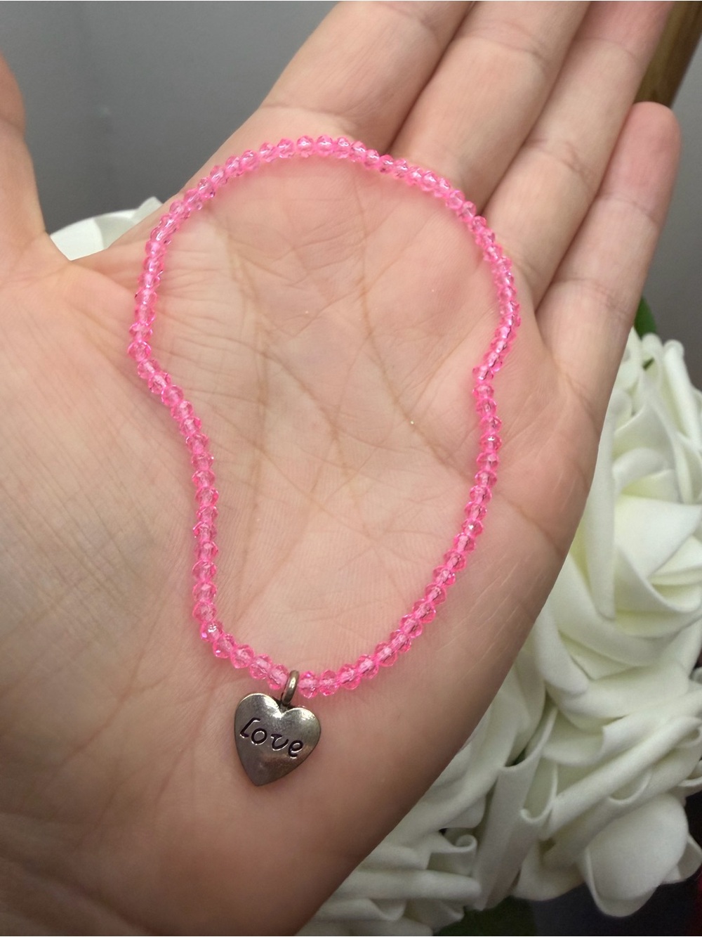 Pink Beaded Bracelet with 'Love' Heart Charm